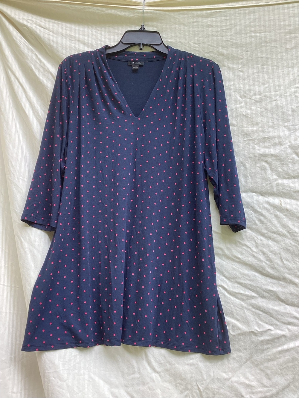 J. Jill Wearever collection Navy V-Neck Tunic with Pink Polka Dot Print, size M